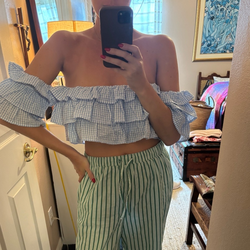 Seersucker blue & white off the shoulder crop top